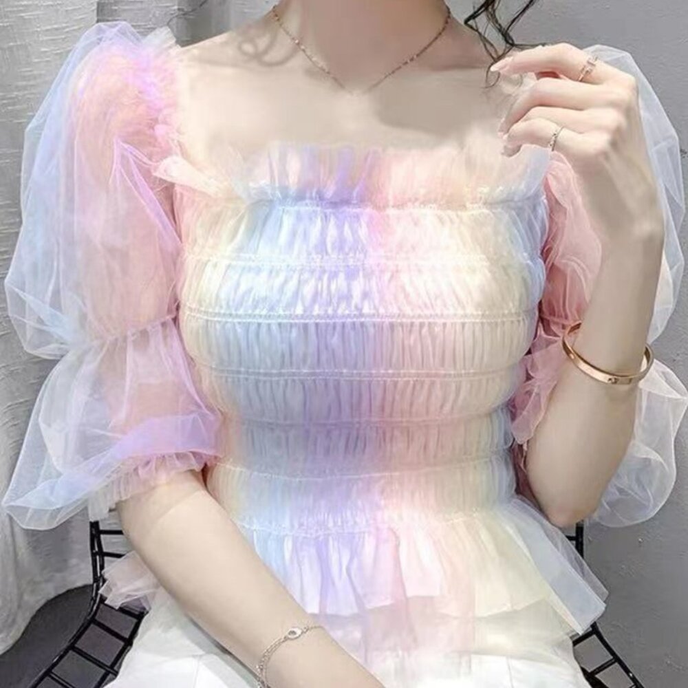 Rainbow Tulle Blouse | Women Cute Summer Top Ombre Gradient Shirt